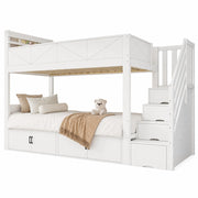 Letto a castello 90 × 200 cm 2 posti con scala contenitore e armadi; senza materasso; in legno e MDF; bianco