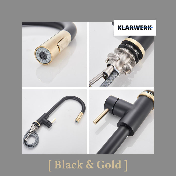 JANA | Rubinetto da cucina estensibile Premium in acciaio inossidabile oro nero | Miscelatore alto Bogo alta pressione ruotabile a 360° 2 attacchi