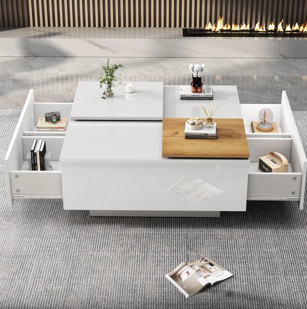 Tavolino da caffè bianco lucido 75x75 cm con 4 cassetti
