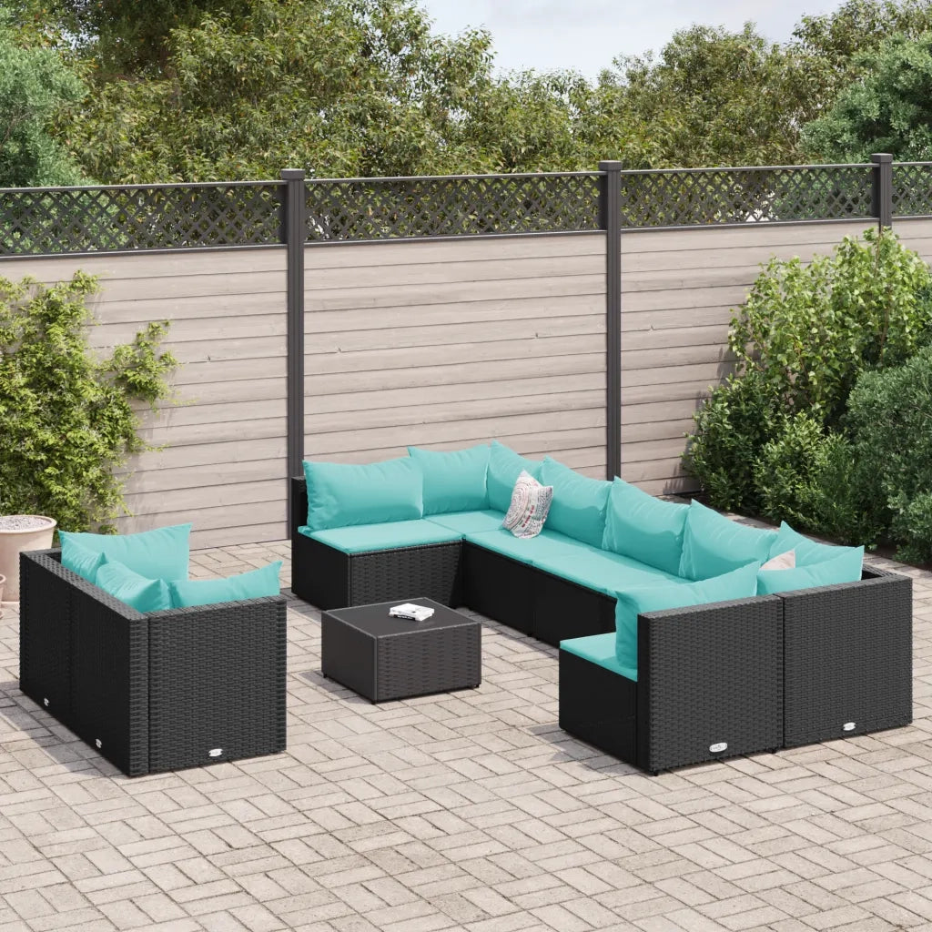 Set Divani da Giardino 10pz con Cuscini in Polyrattan Nero