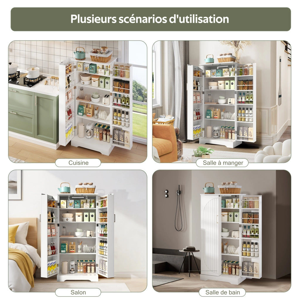 Credenza da cucina con LED sensor e 5 ripiani regolabili, per cucina e soggiorno, in MDF, bianco, 60 × 35 × 128 cm