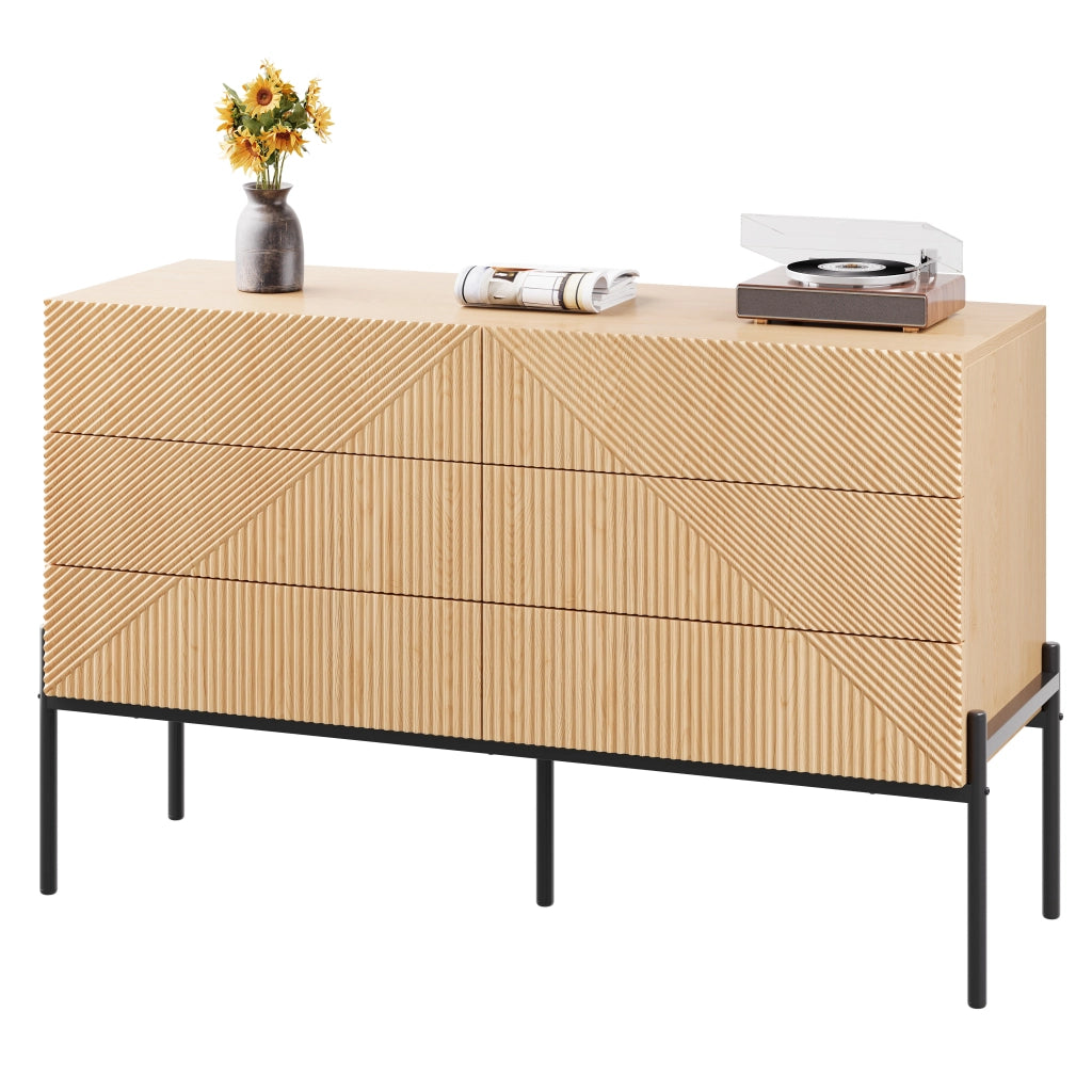 Credenza con 6 Cassetti e Gambe in Metallo; Frontale 3D Geometrico; Stile Moderno; in MDF; Naturale; 115;5??38??75 cm