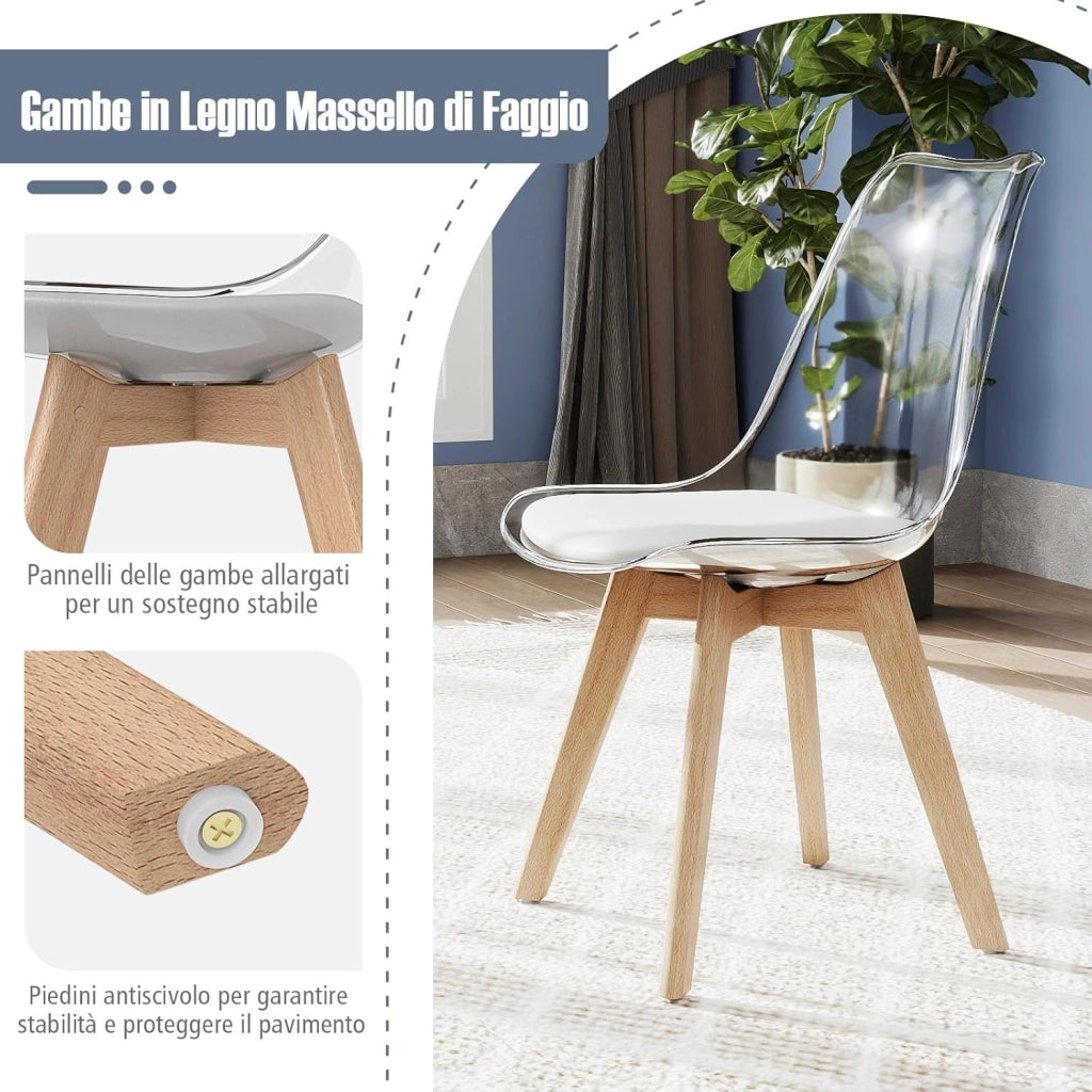 Set di 4 Sedie da Cucina Trasparenti, Sedie per Sala da Pranzo Moderne con Gambe in Legno e Seduta Imbottita, Sgabello senza Braccioli per Soggiorno e Camera da Letto, Portata 150 kg (Bianco)