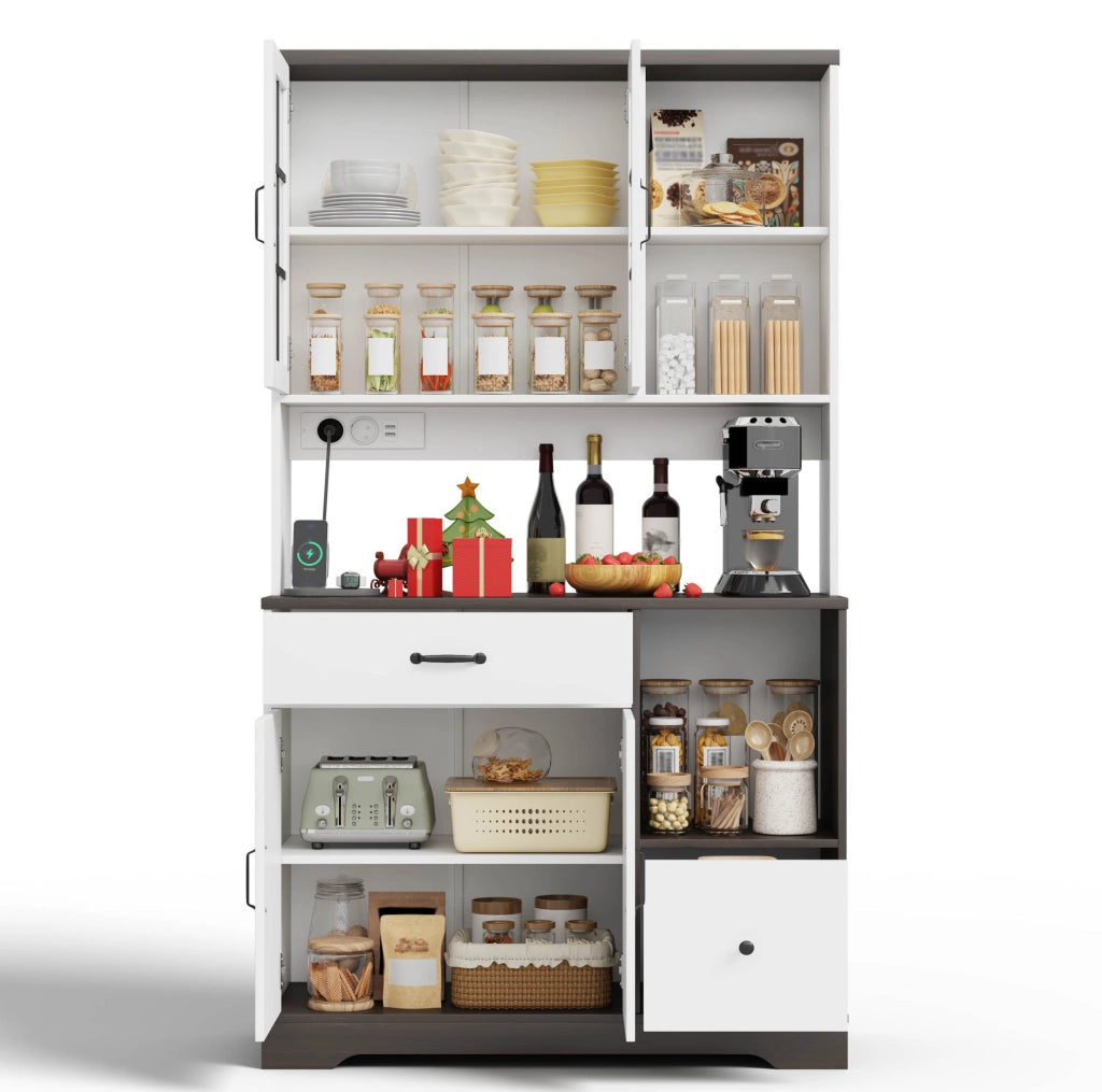 Credenza cucina stile vintage con LED RGB APP; prese USB; ripiani regolabili; 105x40x185 cm; naturale e bianco