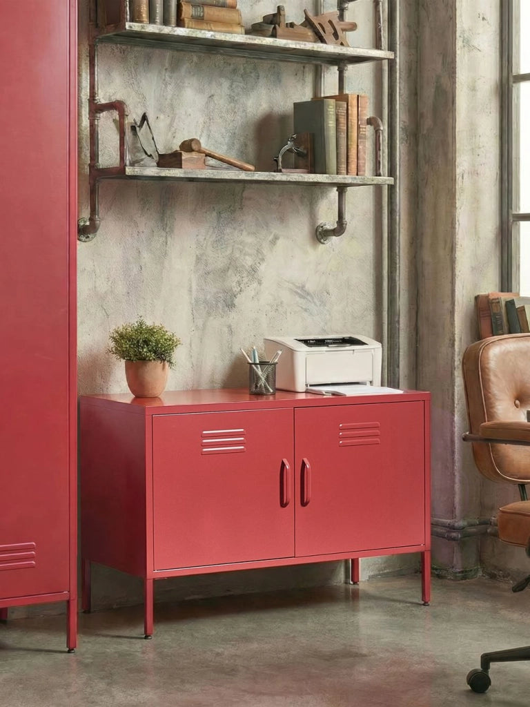 Credenza a 2 ante in acciaio rosso Home Office Mobili Ripiani Tappi per gambe Design industriale