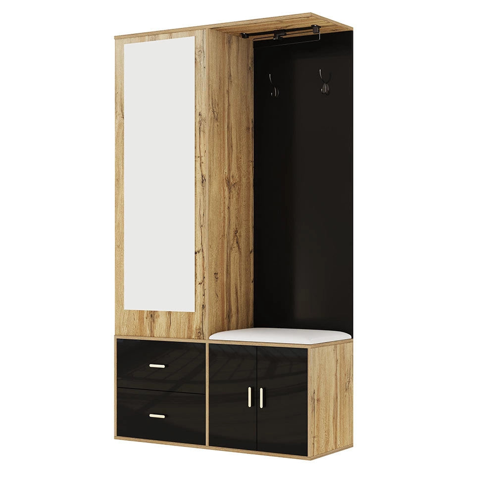 Armoire de chaussures ??l??gante - Xylo - Noir et bois avec miroir, banc et cintres