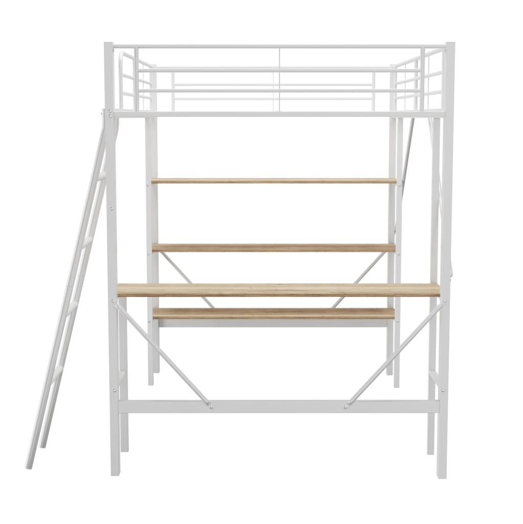 Letto a soppalco 90x200 cm con scrivania e ripiani; MDF e metallo; bianco
