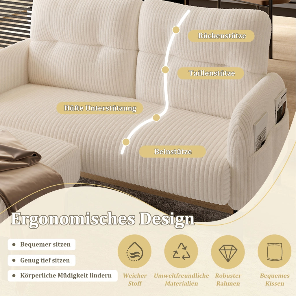 OKWISH Set da 3 Divano 2 Posti, Poltrona e Poggiapiedi con Tasca Laterale e Schienale Ergonomico, Velluto a Coste Beige