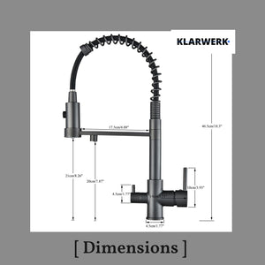 Bernd | Filtro opaco  3 vie grigio titanio gastronomia Rubinetto cucina amolla in acciaio inossidabile osmosi|Miscelatore da ristorante ruotabile 360°