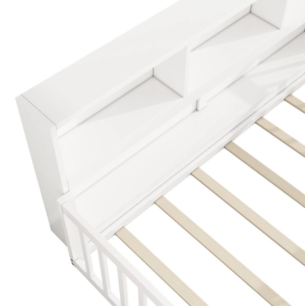 Letto daybed 90x200 cm con vani laterali e sponde di sicurezza in pino e MDF bianco