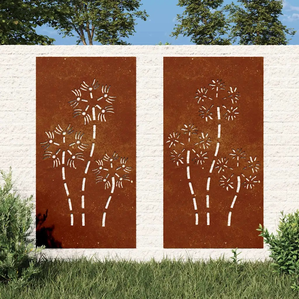 Decorazioni Muro da Giardino 2pz 105x55 cm Fiore Acciaio Corten 824487
