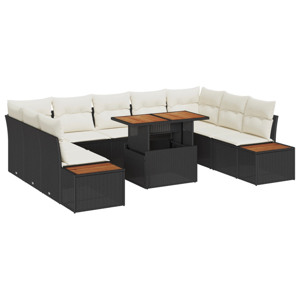 Set da pranzo da giardino 10 pezzi con cuscini in polyrattan e acacia nera