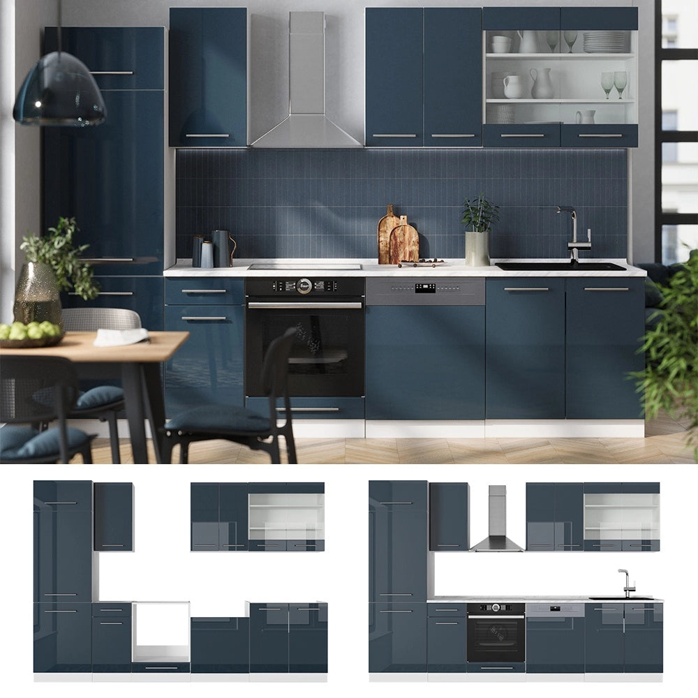 Cucina componibile Fame-Line Blu scuro lucido/Bianco 300 cm, PL Antracite Vicco