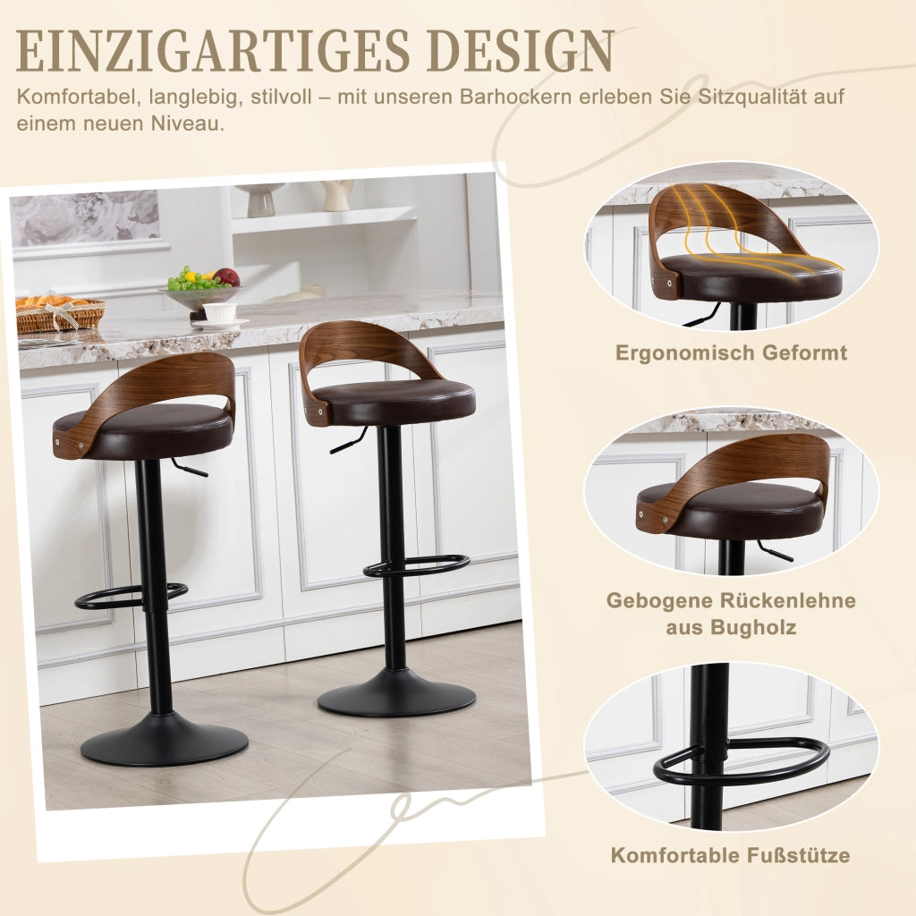Set di 2 sgabelli da bar girevoli a 360° con schienale; altezza regolabile; in PU marrone; 42;5 × 42 × 77-98 cm