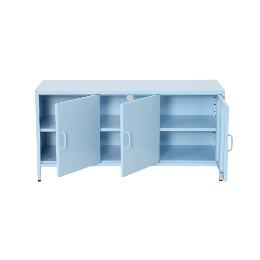 Mobile tv industriale in metallo 3 ante, 120cm, blu chiaro