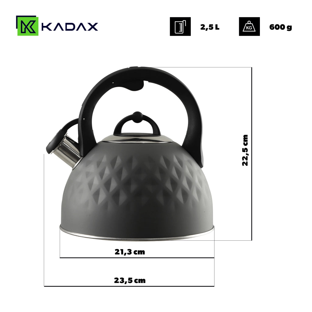 Bollitore a gas e induzione KADAX da 2,5 litri con fischietto, colore grigio acciaio, stile tradizionale.