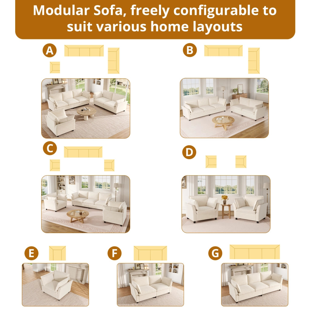 Divano modulare 3 posti con 2 poltrone in chenille e seduta morbida beige per soggiorno camera da letto e ufficio