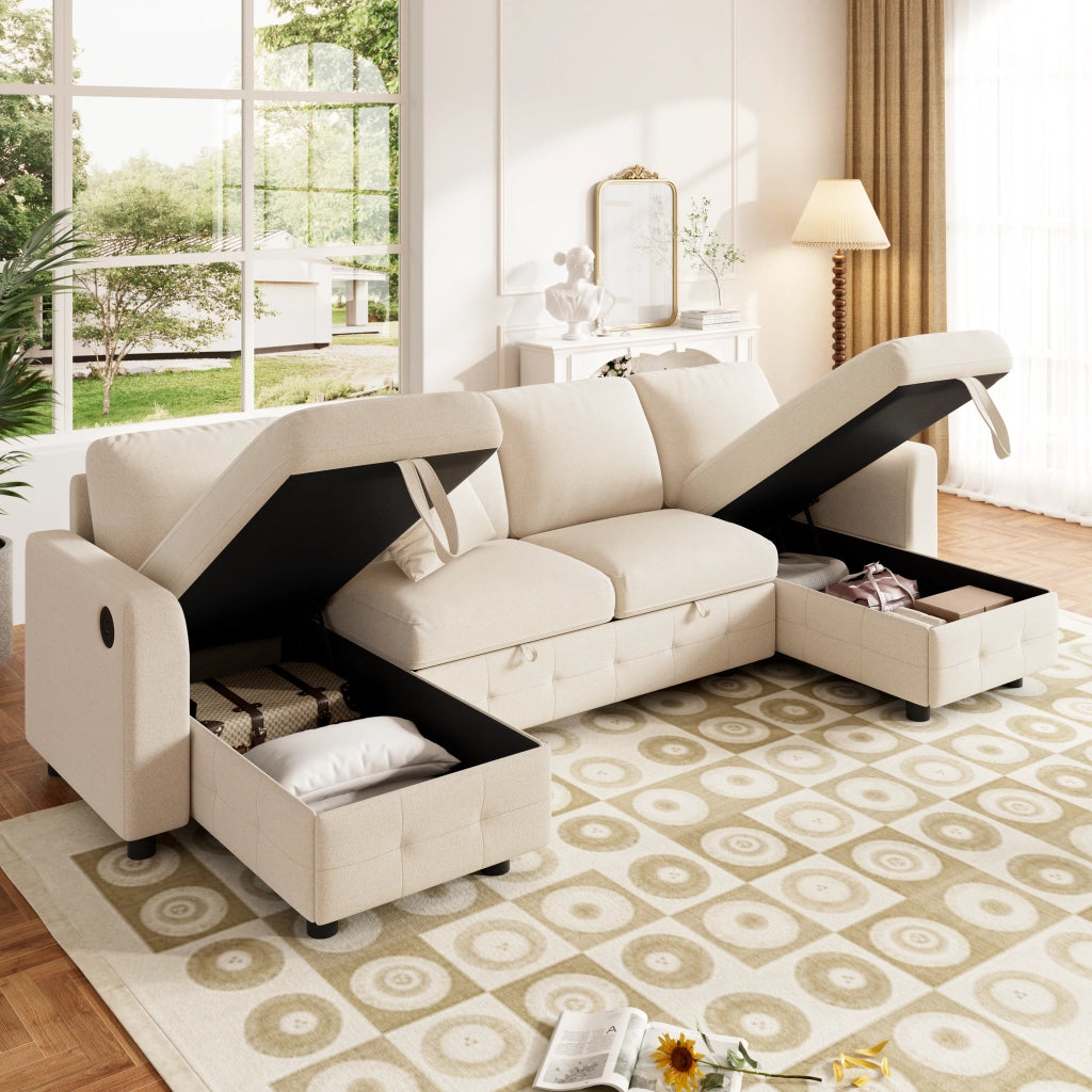 Divano angolare convertibile in ciniglia con letto estraibile e contenitore, USB, Type-C beige 260 × 128 × 82 cm