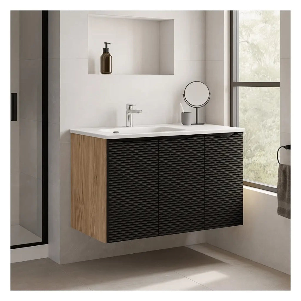 Set da bagno YOKA nero: mobile sottolavabo con armadietto 90cm + lavabo da incasso
