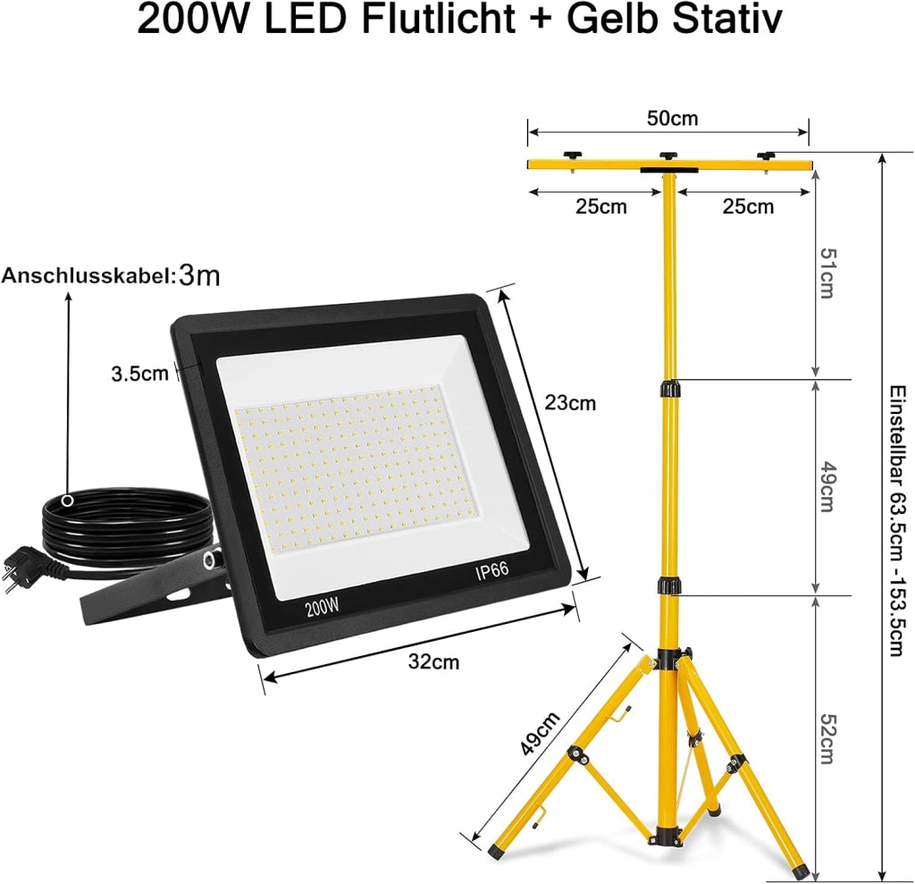Faretto da costruzione, 2 x 200 W, 16000 lm, LED da lavoro, con treppiede e cavo da 3 m, impermeabile, IP66, per garage, officina, cantiere, bianco freddo