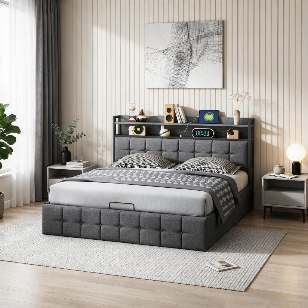 Letto matrimoniale 140x200 cm con contenitore LED USB testiera struttura letto MDF e PU - grigio
