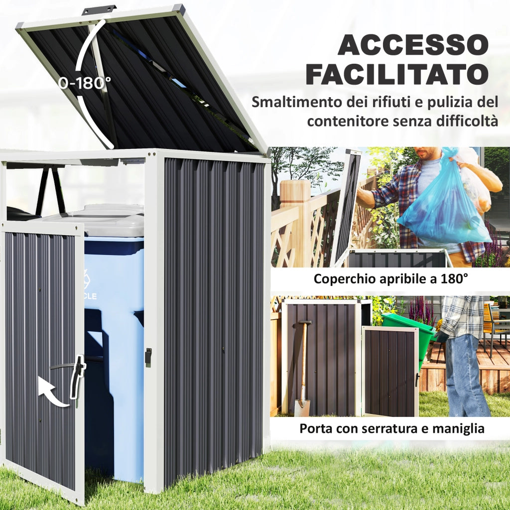 Copri Bidoni Spazzatura a 2 Sezioni con Coperchio Sollevabile, in Acciaio Zincato, 146x81x122 cm, Grigio Scuro