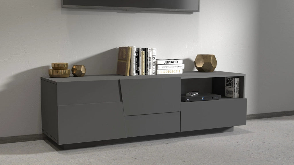 Mobile Tv 2 Anta 1 Cassetto e Ripiano a Giorno 150x45x46 cm Pongo 2A 1C Grigio Antracite Opaco
