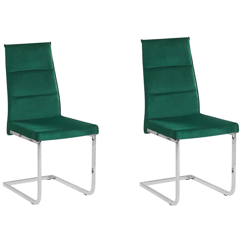 Set di 2 sedie da pranzo imbottite in velluto verde gambe a sbalzo argento senza braccioli design moderno