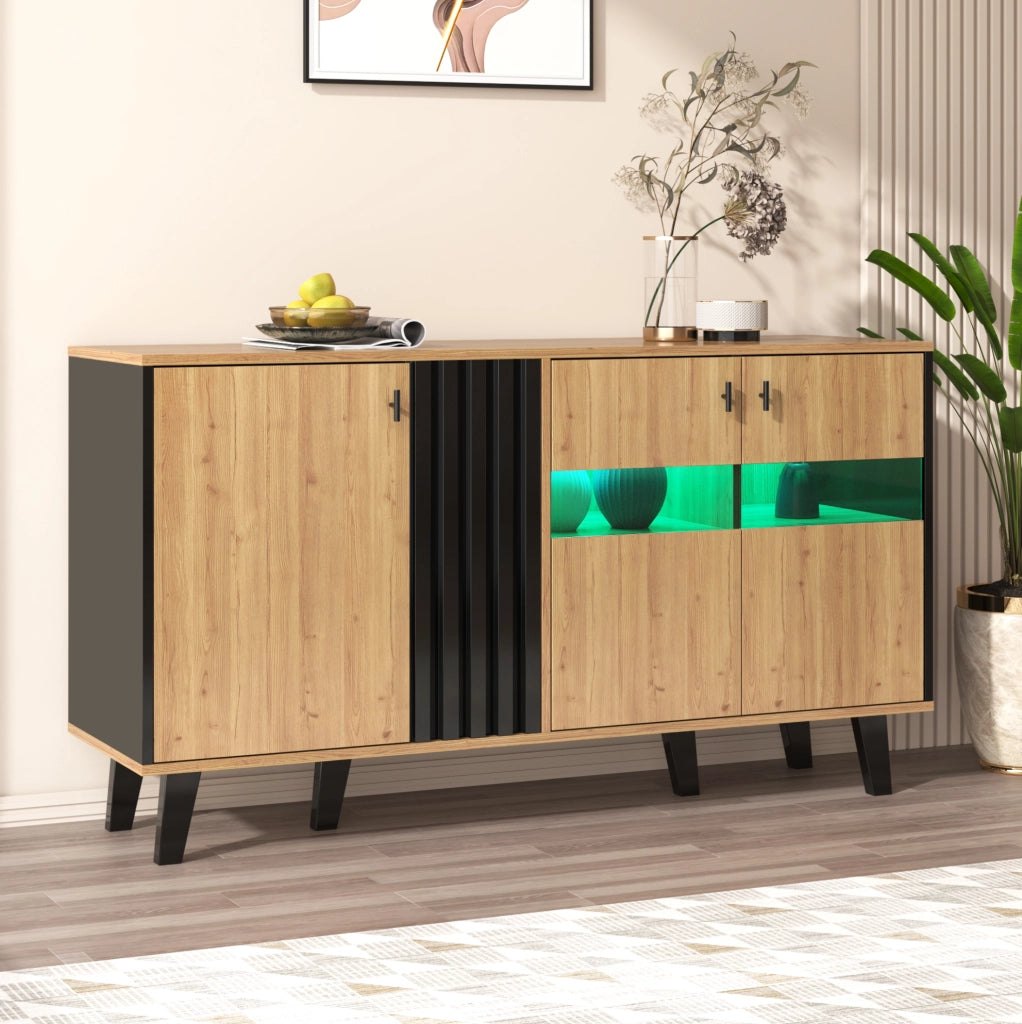 Sideboard 140x78,5x41 cm in legno e nero con ante, LED e ripiani interni