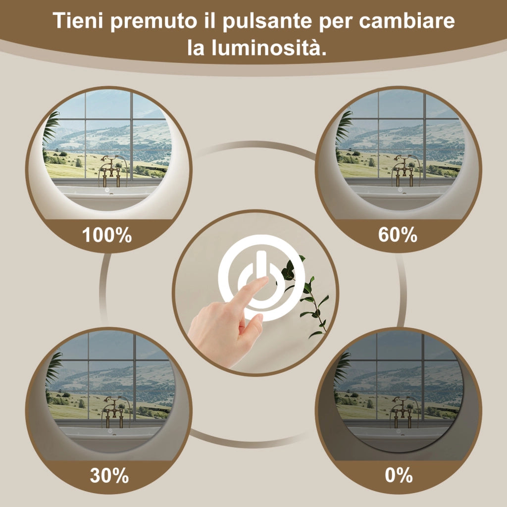 AICA SPECCHIO DA BAGNO ROTONDO CON LED 60 x 60 cm, antiappannamento, interruttore a sfioramento(Retroilluminato)