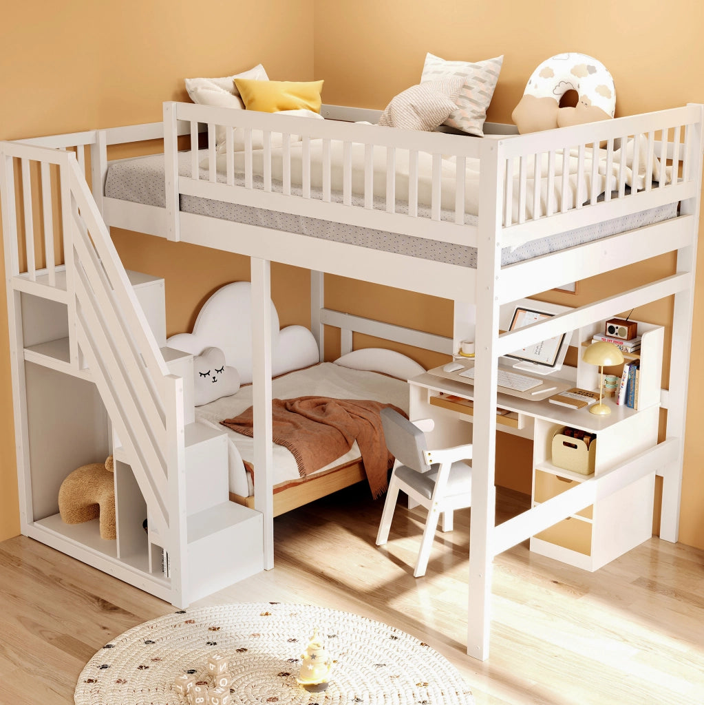 Letto singolo rialzato 140x200 cm in legno con scala contenitore; sponde alte; bianco