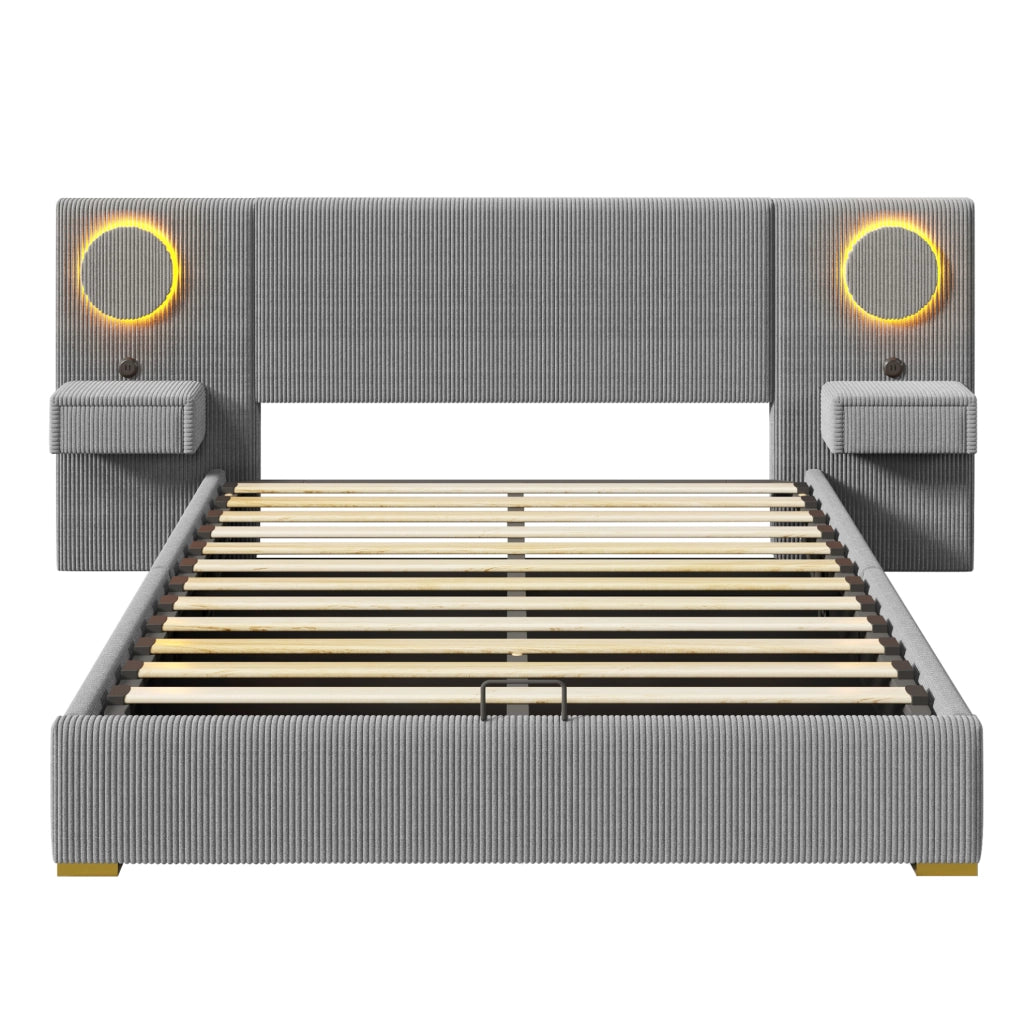 Letto imbottito 180 x 200 cm in velluto grigio con LED, USB e vano contenitore