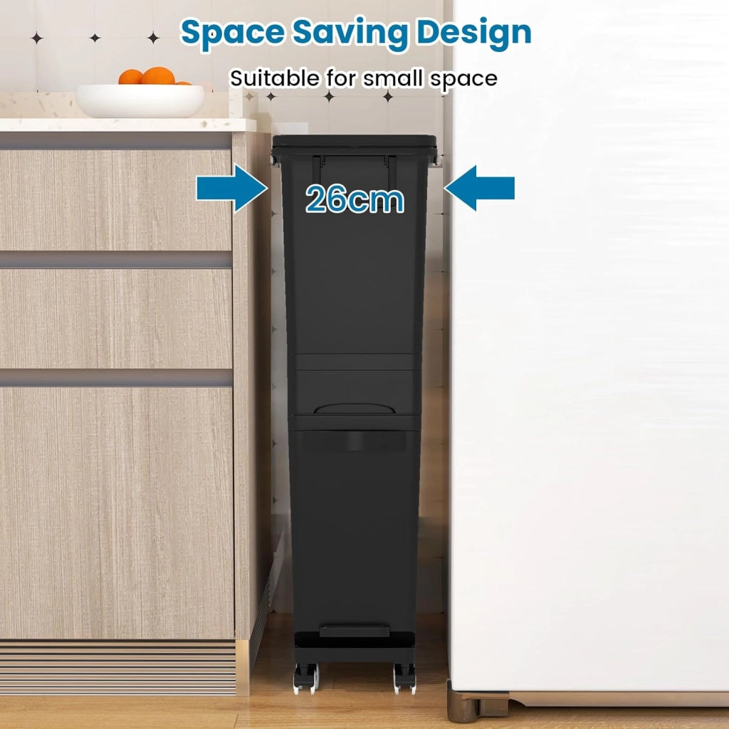 Pattumiera Tri Selectif da 32L per Cucina, 3-in-1 con 2 Contenitori Estraibili, Cassetti, Pedale e Ruote, Include Adesivi per Raccolta Rifiuti (Rosa)