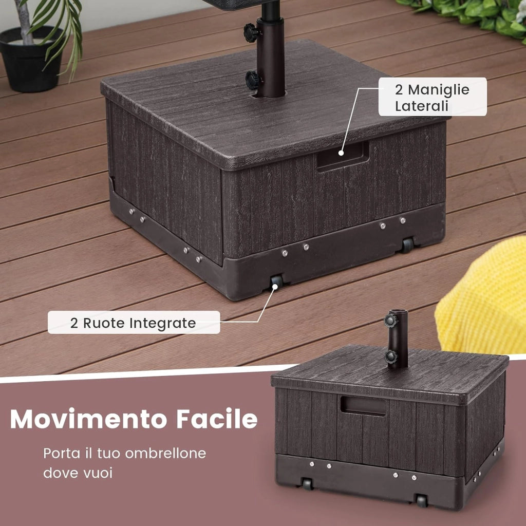 Base per Ombrellone, con Tavolino e Sacca Ponderata, Supporto per Ombrellone 45L, 67 kg di Sabbia, Vassoio, Ruote, per Ombrellone 38 mm/48 mm (Marrone)