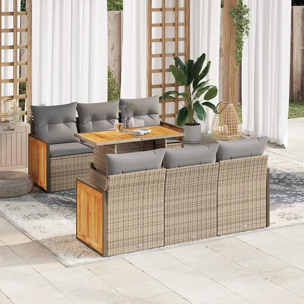 Set Divani da Giardino 7 pz con Cuscini Beige Polyrattan Acacia