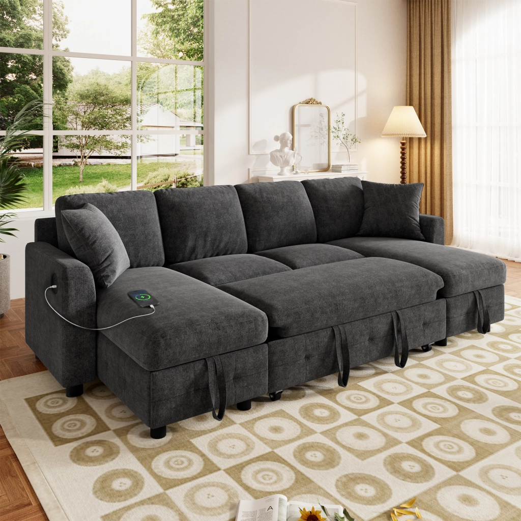 Divano letto angolare - con contenitore; USB e Type-C - in chenille grigio scuro