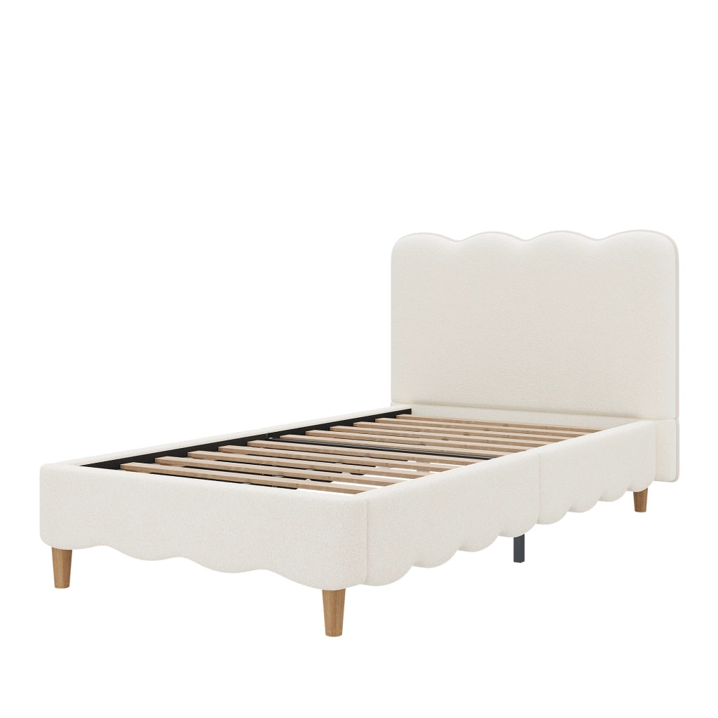 Letto Singolo 90x200 cm; con Rete a Doghe e Testiera; in Bouclé; Bianco