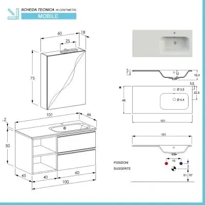 Mobile bagno sospeso 100 cm bianco opaco con cassetti e vani a giorno completo di lavabo a destra e specchio contenitore Master