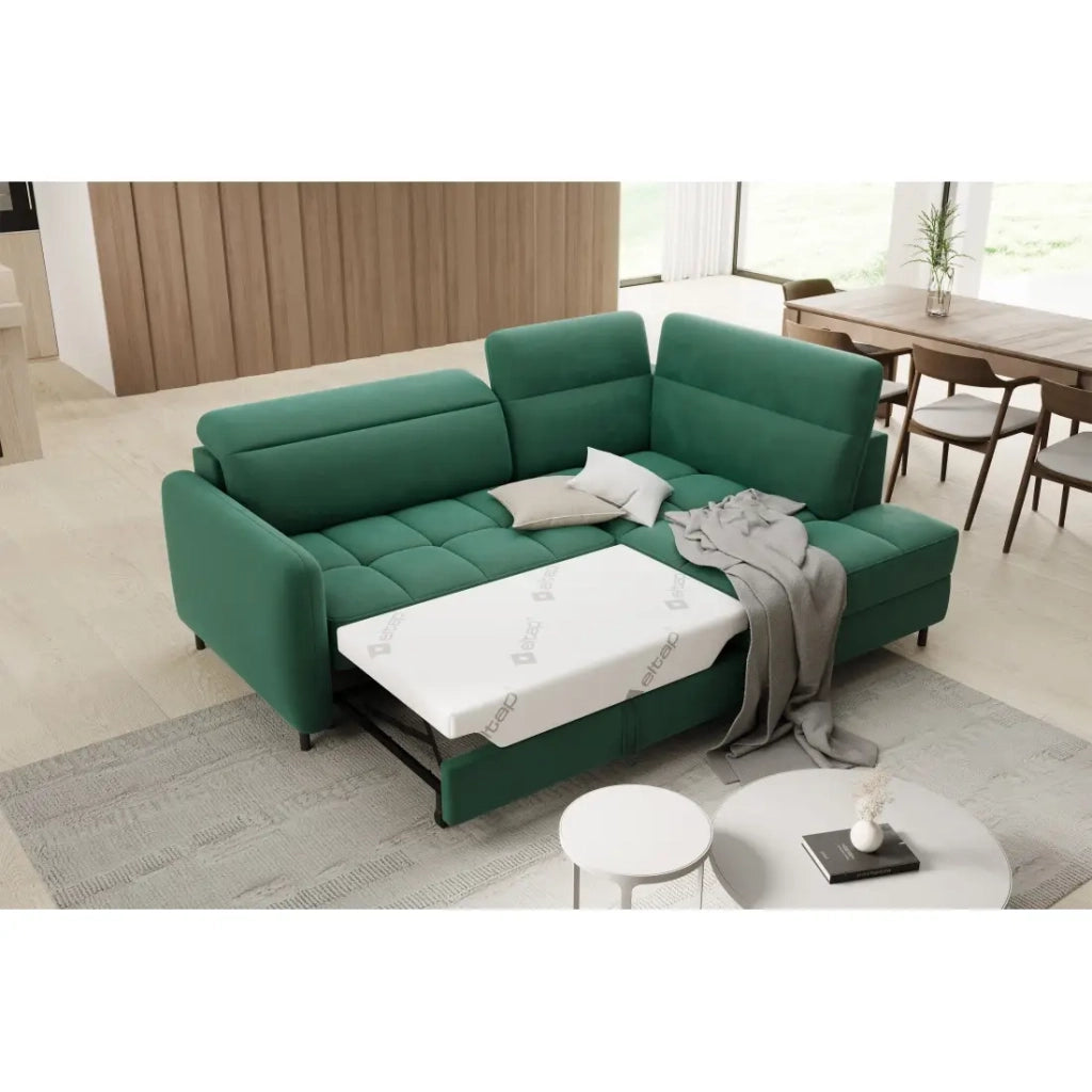 Divano angolare destro convertibile BARNEA 208 cm verde scuro con contenitore