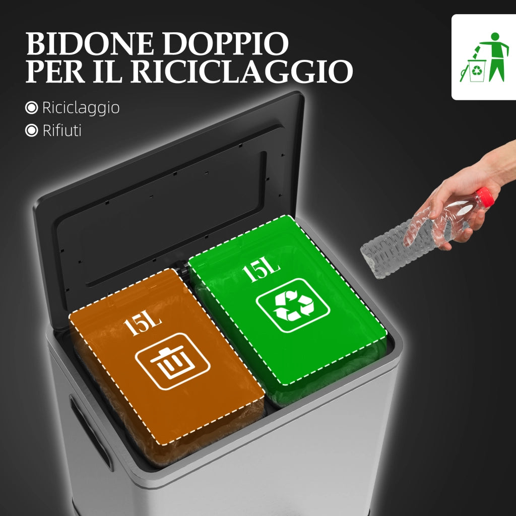 Bidone Immondizia a 2 Sezioni con Pedale ¨C Zephmum ¨C Acciaio Inox e PP, 40x34.8x47.5 cm
