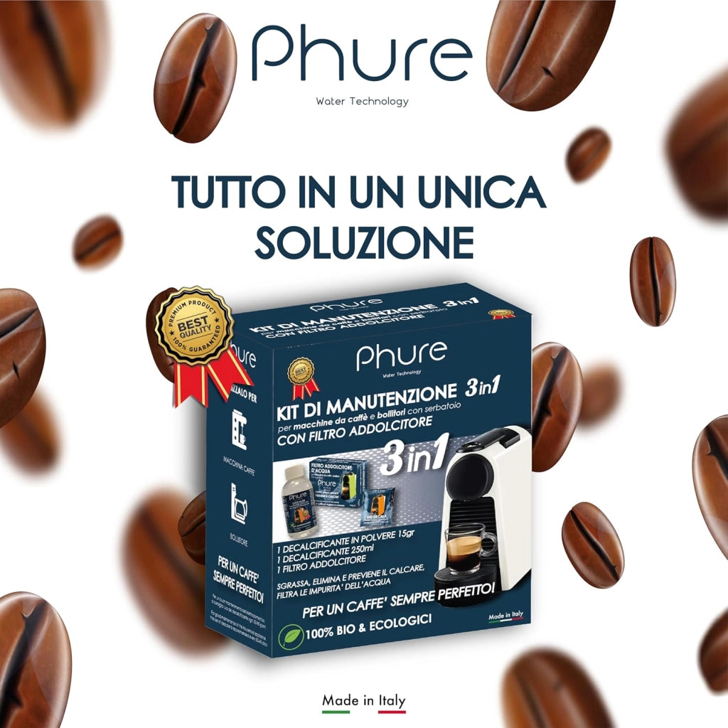 PHURE Decalcificante per Macchine da Caffè e Bollitori, Sgrassa, Elimina e Previene il Calcare, Filtro Impurità Acqua Kit Manutenzione 3 in 1 100% Bio ed Ecologici
