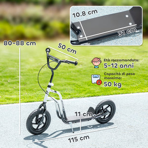 Monopattino per Bambini 5-12 Anni 129x52x80-88 cm Supporta fino a 50 Kg Telaio in Acciaio Bianco e Nero