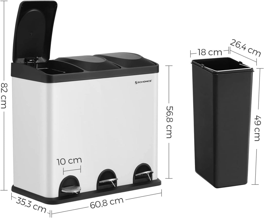 SONGMICS Pattumiera di 54L, Cestino di Spazzatura, a 3 Sezioni, con Pedale, Secchio Interni, 6 Etichetti per Smailtimento Facile, Bianco e Nero LTB54W