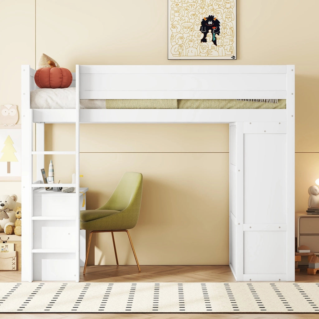 Letto a soppalco per bambini 90x200 cm con scrivania e armadio