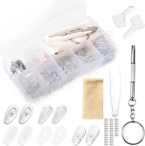 Set di riparazione occhiali 40 viti - 25 paia di supporti nasali - orecchini - chiave  a stella - pinza - custodia in plastica - parti di ricambio occhiali