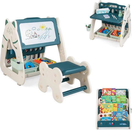 Sistema 3 in 1 per bambini, tavolo e libreria con 3 cassetti, inclusi seggiolino e accessori per la pittura, per bambini da 1 a 5 anni