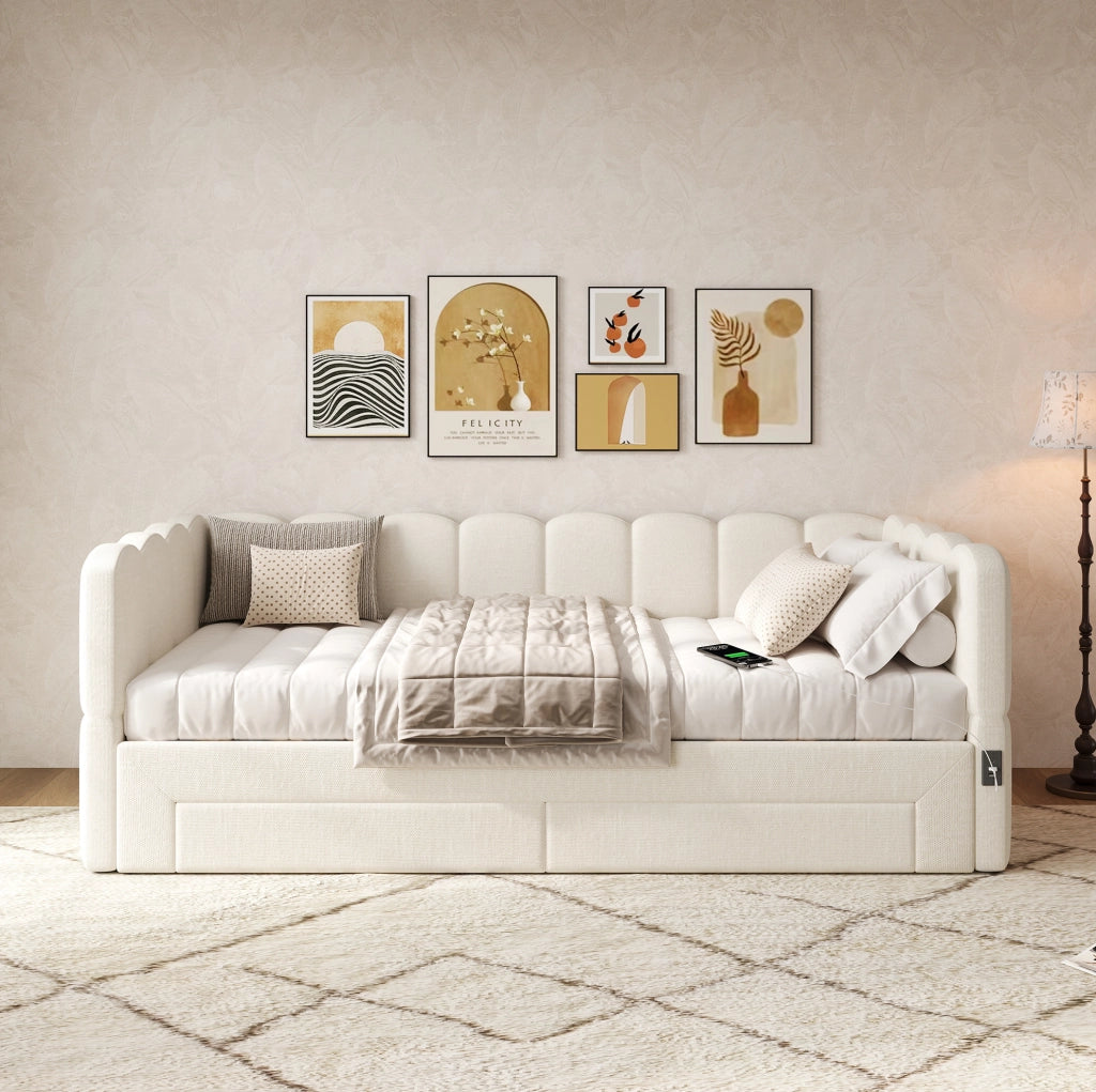 Letto daybed estraibile 90x190 cm in lino beige con 2 cassetti; USB e Type-C