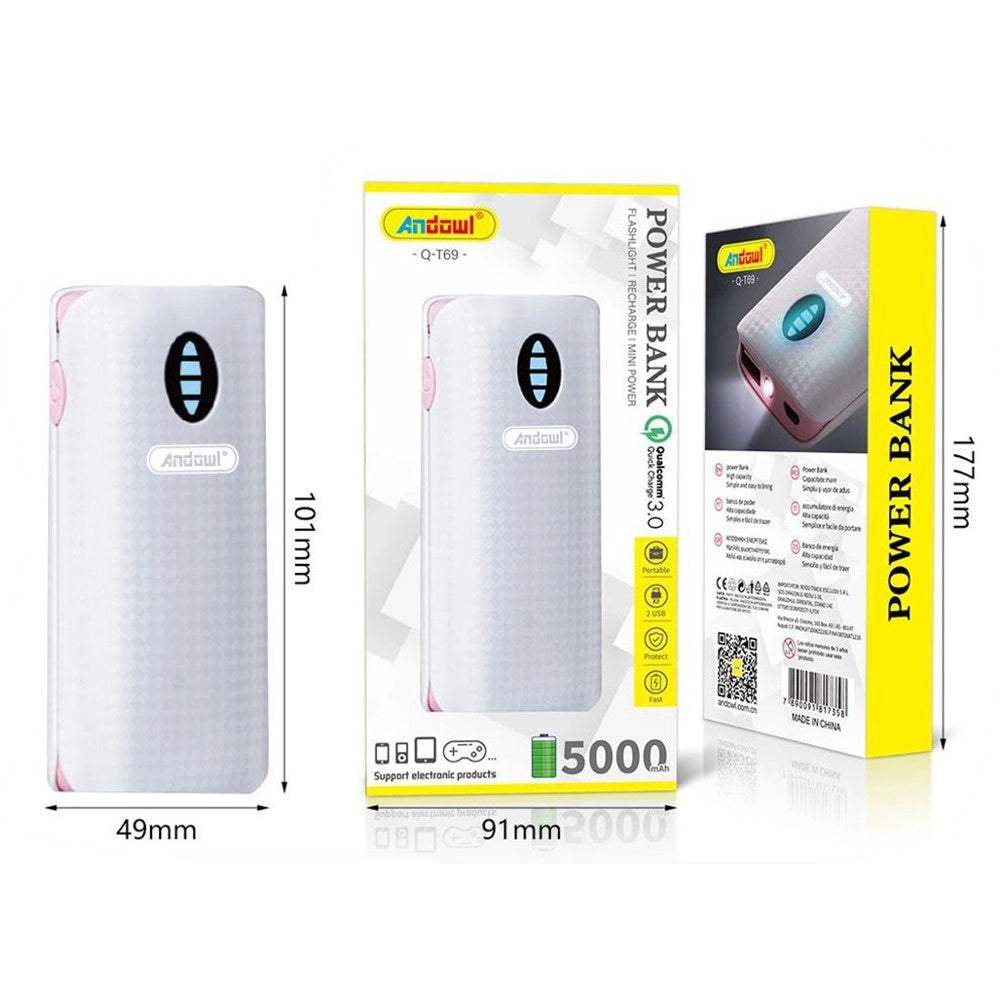 Trade Shop - Power Bank Portatile 5000mah Con Torcia A Led 2 Porte Usb Ricarica Veloce Q-t69 -