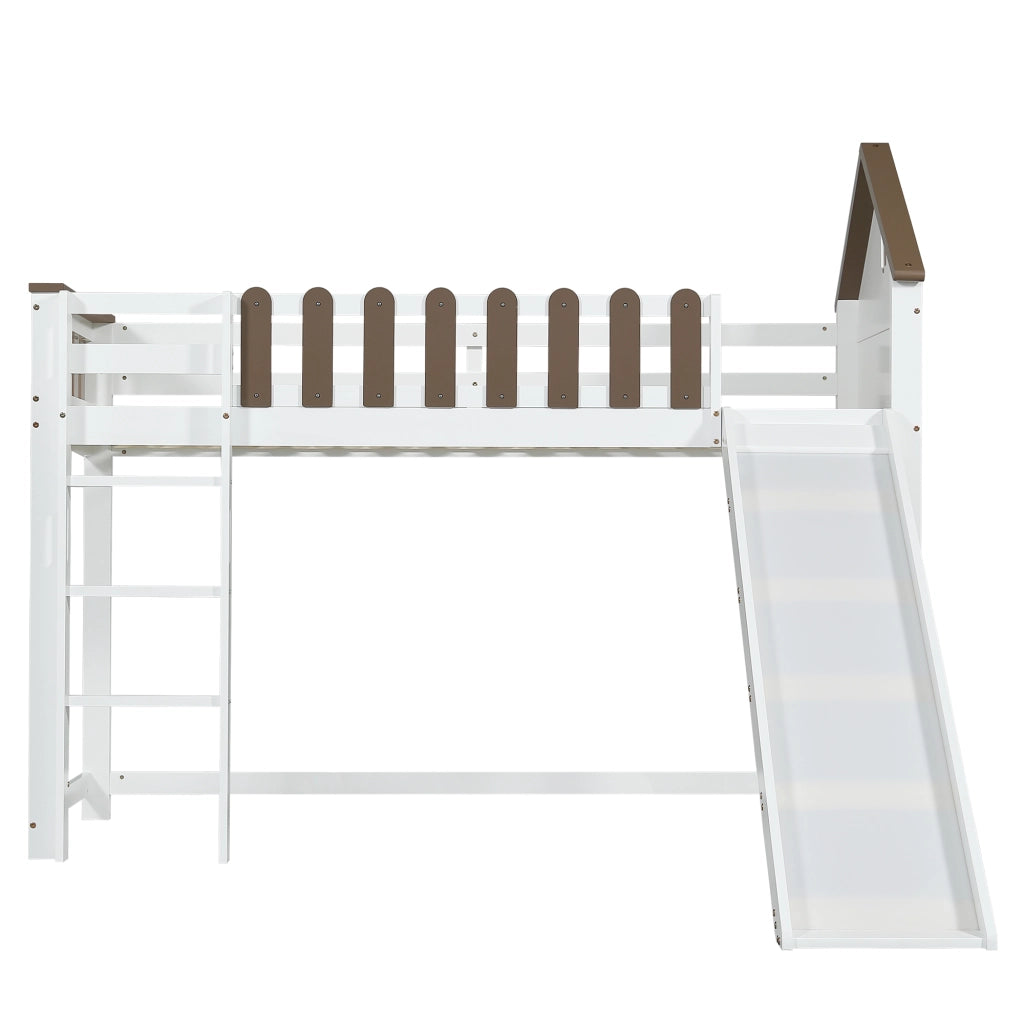 Letto a soppalco per bambini 90x200 cm con scivolo; scala a 3 gradini; bianco e noce