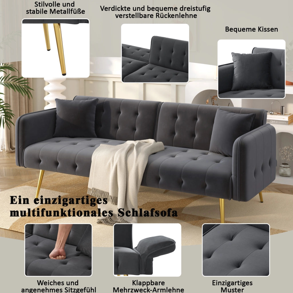 Divano letto 2 posti trasformabile 215x81;5 cm in velluto grigio antico con schienale regolabile